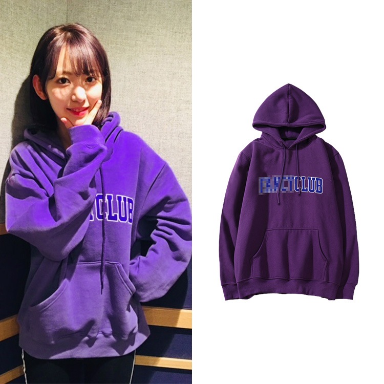 Izone 宮脇咲良服紫スウェットシャツプリントプルオーバーパーカープラスベルベット薄手男性と女性用