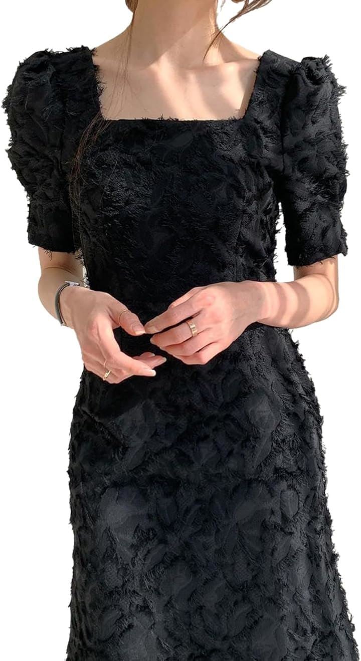 タイトドレス スクエアネック レディース ワンピース フェザードレス パフスリーブワンピース 結婚式 キャバ嬢(ブラック, L) 5,080円