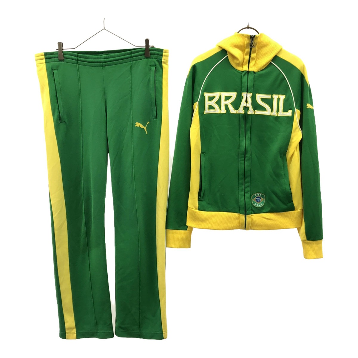 ロゴプリント 刺繍 サッカー 長袖 BRASIL ペレモデル トレーニングジャージ 上下セットアップ S グリーン×イエロー ウエストゴム メンズ 古着