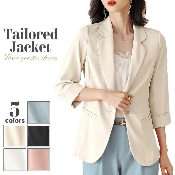 メール便でレビューを書いてGETストレッチ性と落ち感のある サラリ 薄手 ジョーゼット素材 七分袖 テーラードジャケット ブレザー きれいめ カジュアル 楽ちん ビジネス オフィス 通勤 OL 30代
