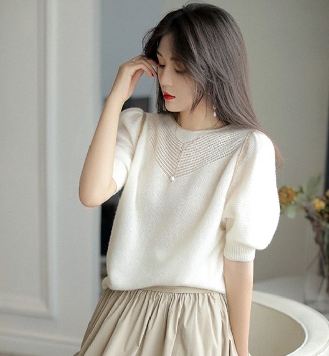 トップス デート モテアイテム ニットソー シャツワンピース フレアワンピース 半袖 パフスリーブ ウール 可愛い きれいめ 上品 おしゃれ かっこいい 可愛い ラブリー キュート ガーリー