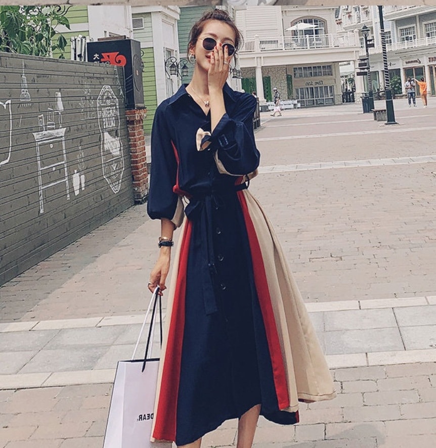 ワンピース デート モテアイテム シャツワンピース フレアワンピース ミディアム丈 長袖 切り替えデザイン 可愛い きれいめ 上品 おしゃれ かっこいい 可愛い ラブリー キュート ガーリー