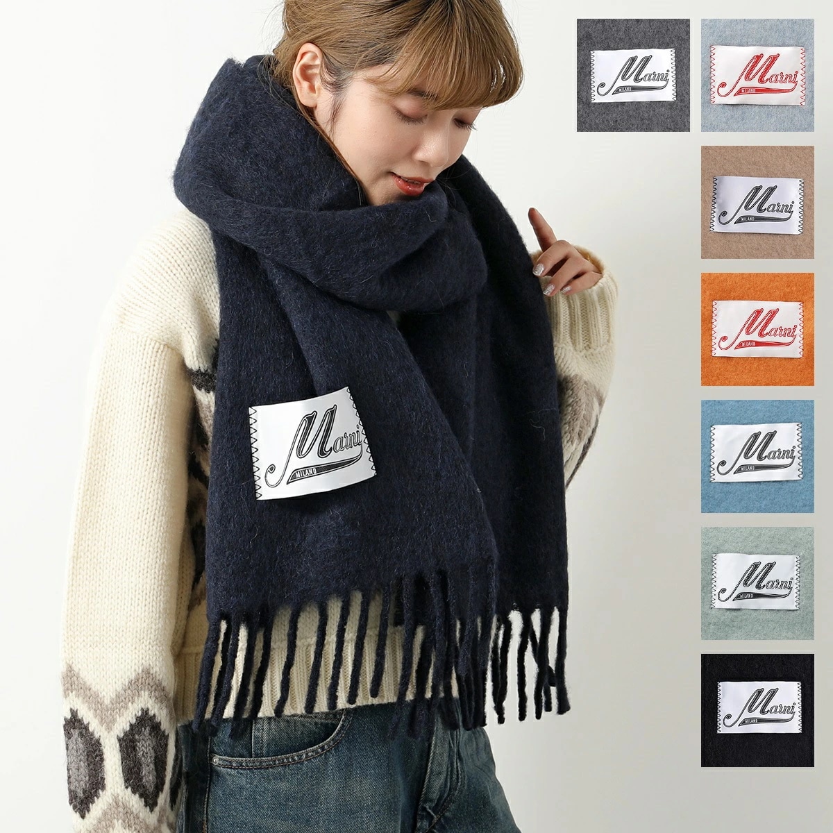 MARNI マルニ マフラー SCMC0059Y0 UTW918 レディース ロゴラベル フリンジ ストール スカーフ 大判 カラー8色