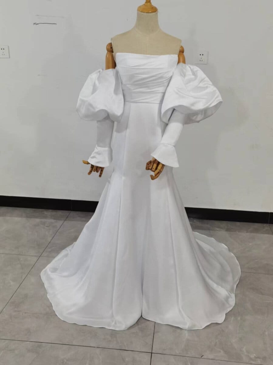 取り外し袖 マーメイドライン エアリー感 花嫁可愛い パーティードレス エレガント 快適な生地 パフスリーブ 拳式