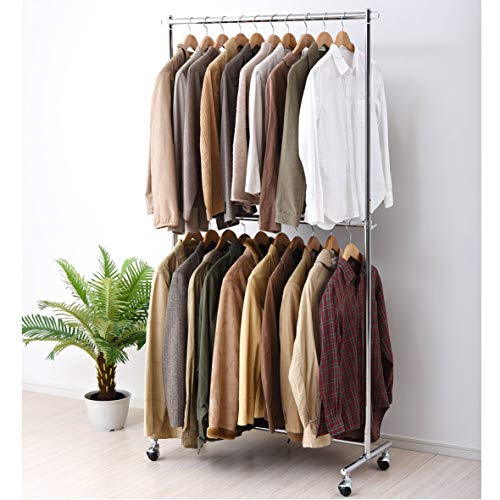 色：クロム 山善(YAMAZEN) ハンガーラック 頑丈 耐荷重120kg 2段 高さ伸縮 キャスタ