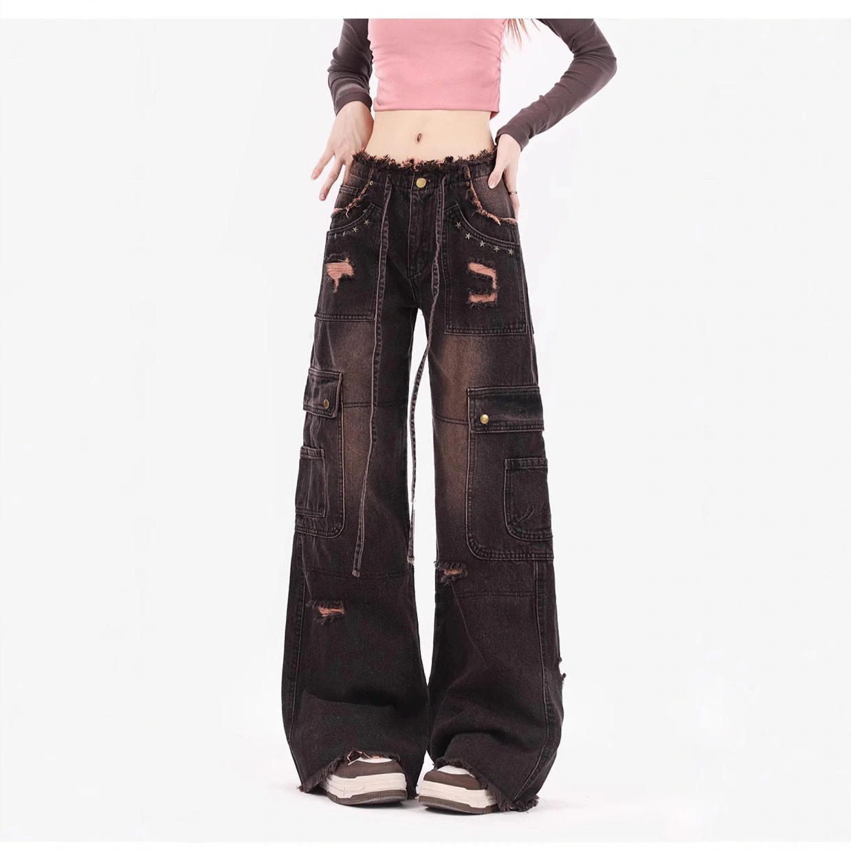 デニム レトロ 切りっぱなし ジーンズ ストレート 着痩せ ワイドパンツ モップパンツ