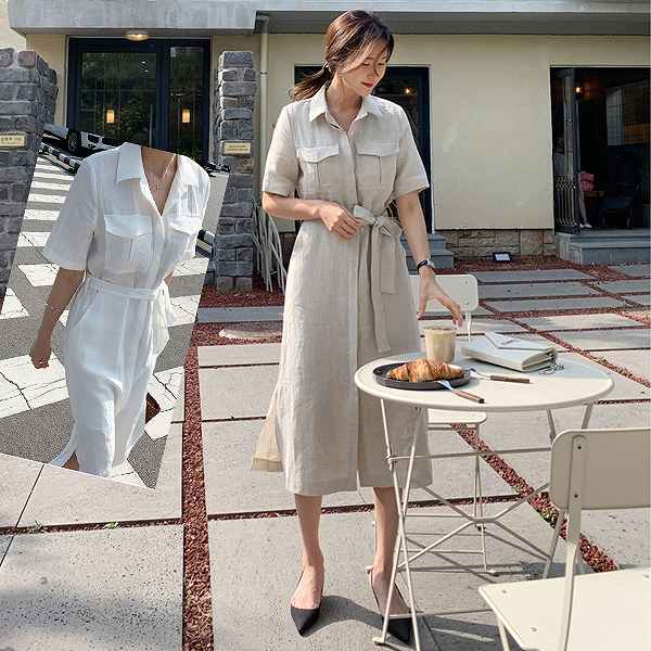 【コスパ最高】麻シャツワンピース　ミモレ丈　半袖　ダブルポケット　リネン　スリット　エレガンス　りぼん　上品　大人