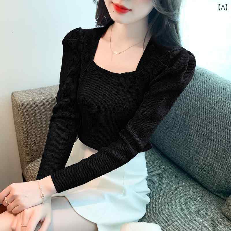 パフスリーブ ニット 長袖 セーター レディース 秋冬 トップス きれいめ 袖 ぽわん プルオーバー スクエアネック 白 黒 紫 5,201円