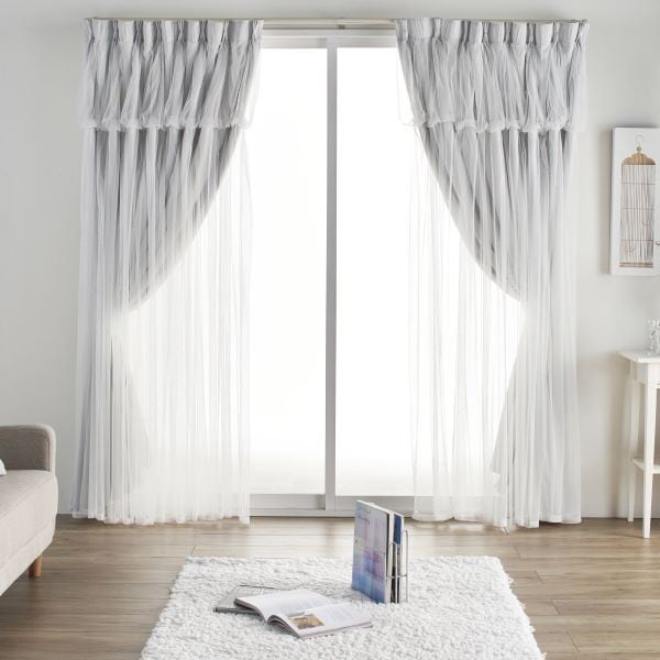 2級遮光カーテン 約幅100x丈210cmx2枚セット ライトグレー 姫系 カーテン 2重カーテン 北欧 レイヤードカーテン ダブルカーテン 一体型カーテン 遮熱 保温 エコ 省エネ レイヤードカーテ