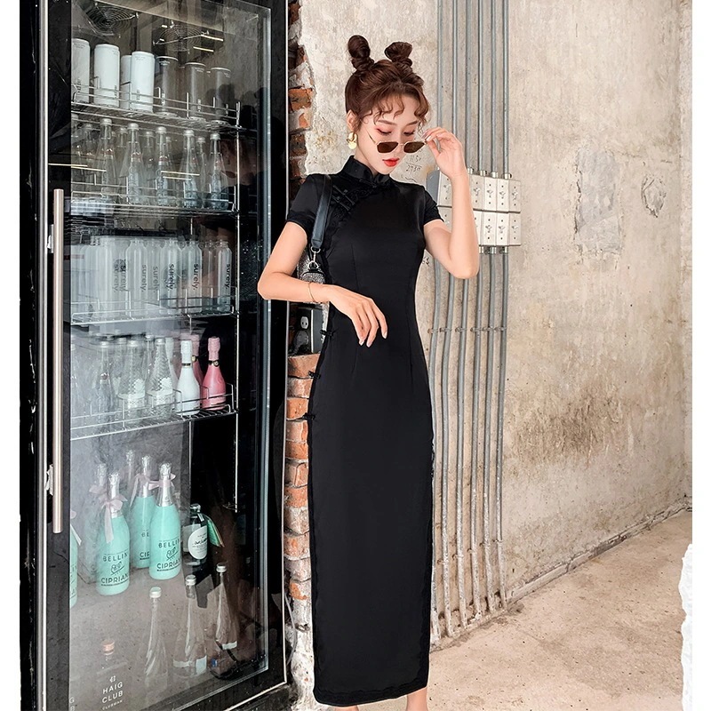 新しいスタイルの長いチャイナドレス若い日常の女の子のレトロでエレガントなドレスの改良版ファッショ