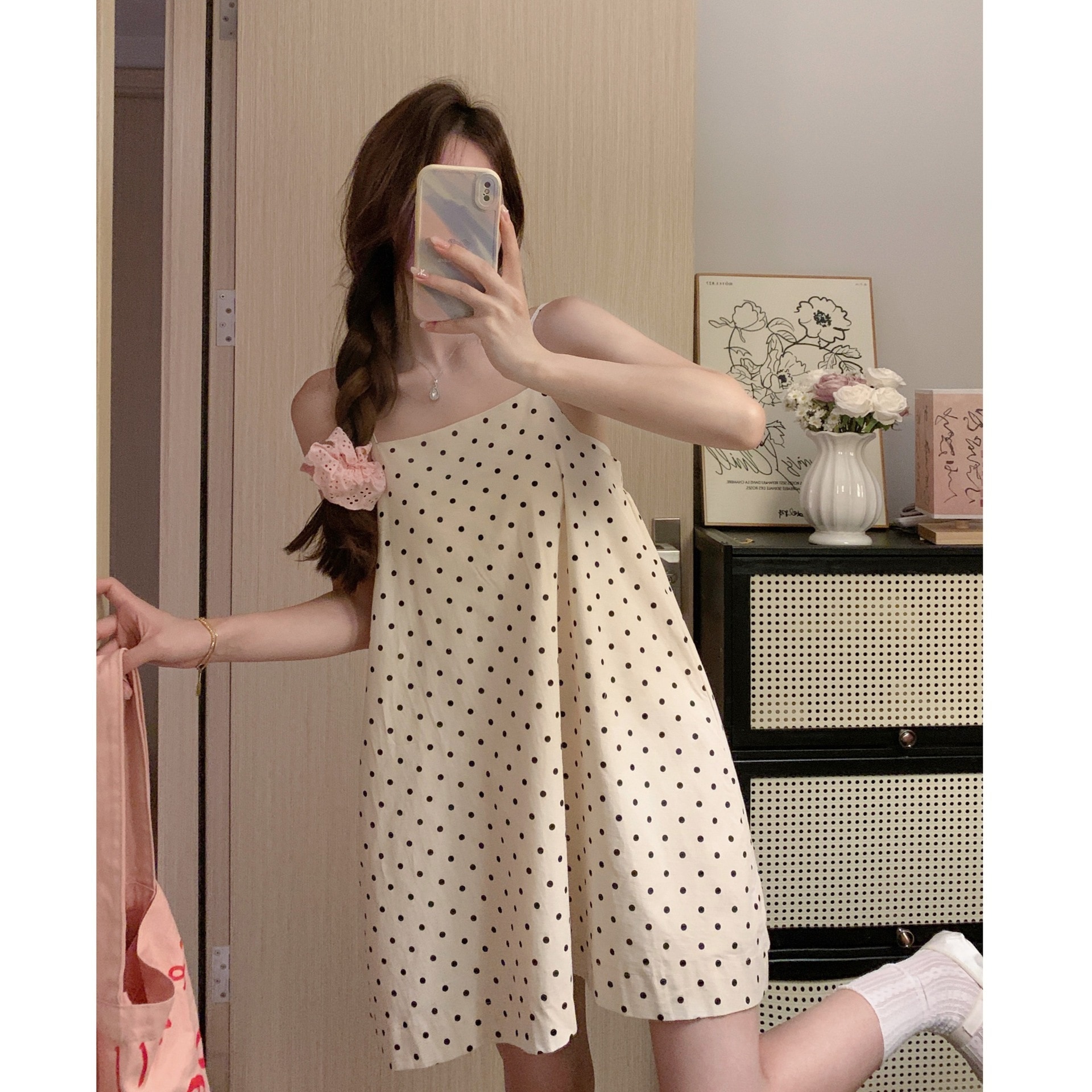 女性用大きいサイズ白水玉サスペンダーワンピース日本製レイヤードブラウスワンピース夏太り女の子着痩せお腹カバーaラインスカート