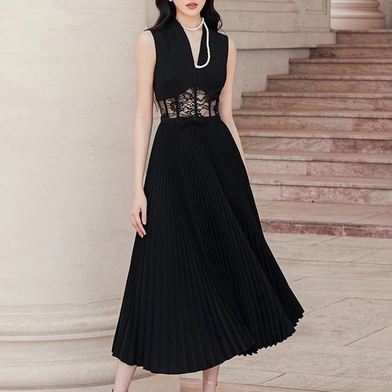 パーティードレス ブラック セクシー ガウン スタイル 気質 プリーツ ドレス