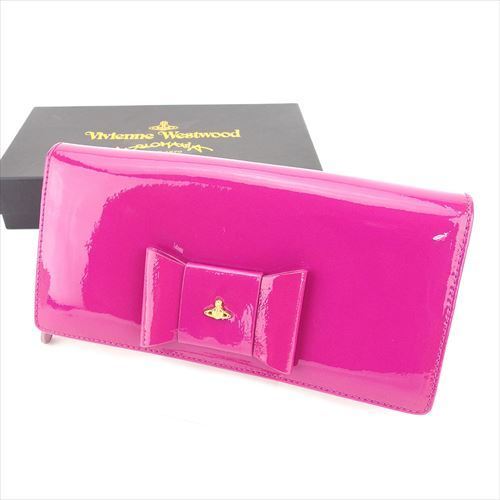 長財布 ラウンドファスナー 財布 オーブ リボン ピンク ゴールド 中古