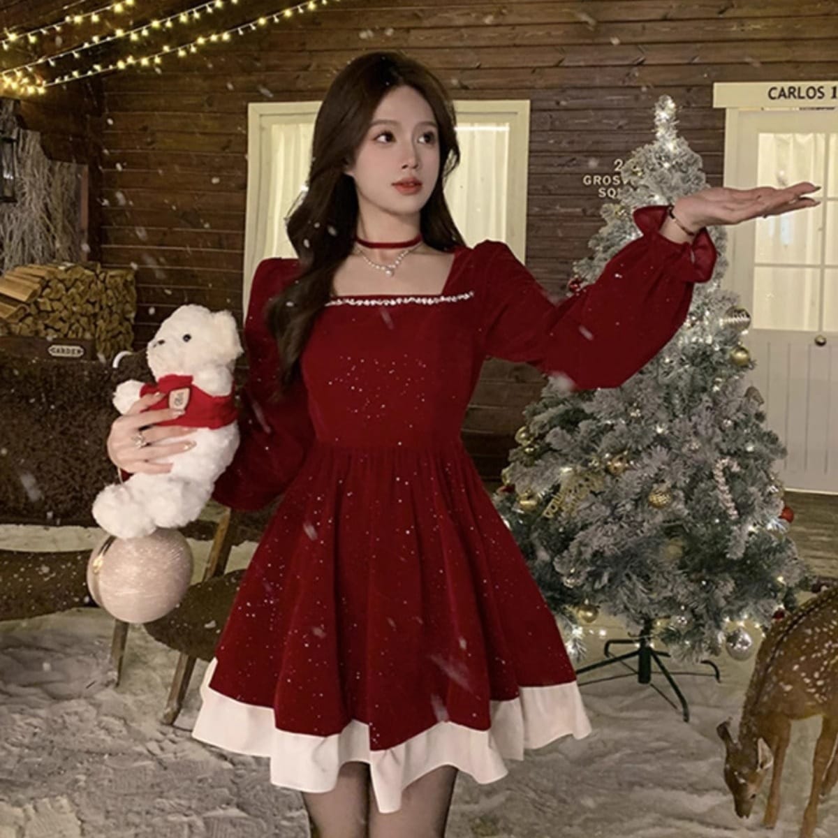 クリスマスフォトレッドドレスレディース秋冬ドレススカートハイエンドスクエアネックベルベットウエストパフスカート