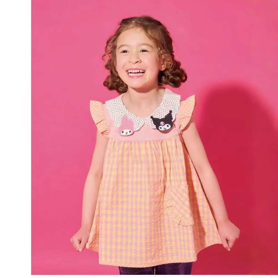 最新キュートスイートプリンセスチェック柄クロミメロディリトルフライングスリーブトップドレス