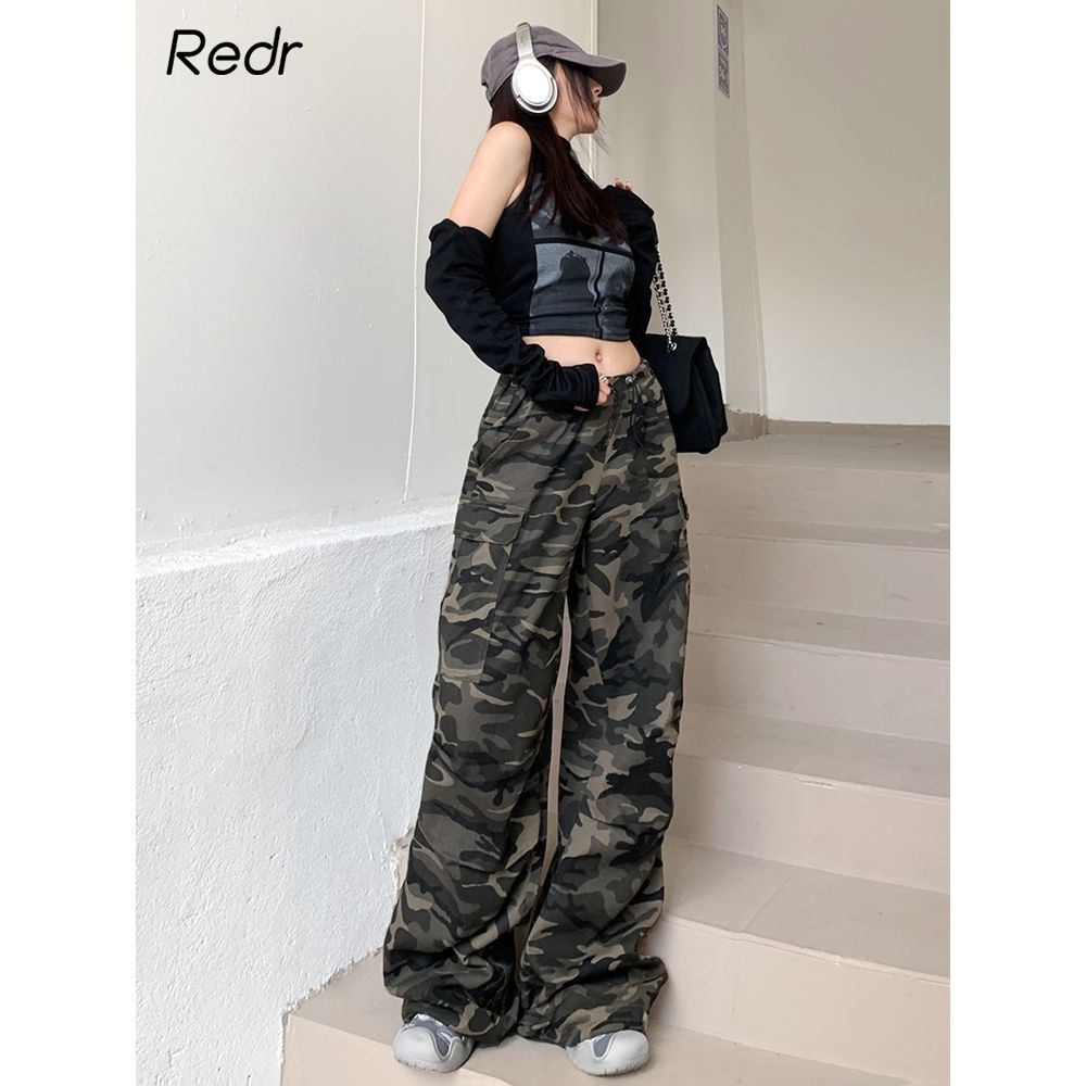 秋に活躍する女性用万能アメリカンカモフラージュオーバーオール細身のハイウエストスリミング小さめサイズドローストリングカフスゆったりワイドレッグパンツ 8,164円