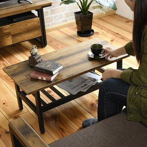 センターテーブル リビングテーブル ローテーブル ビンテージ風 ブルックリン カフェ風 おしゃれ レトロ感 アンティーク調 かっこいい cafe 天板 木目 棚 ラック