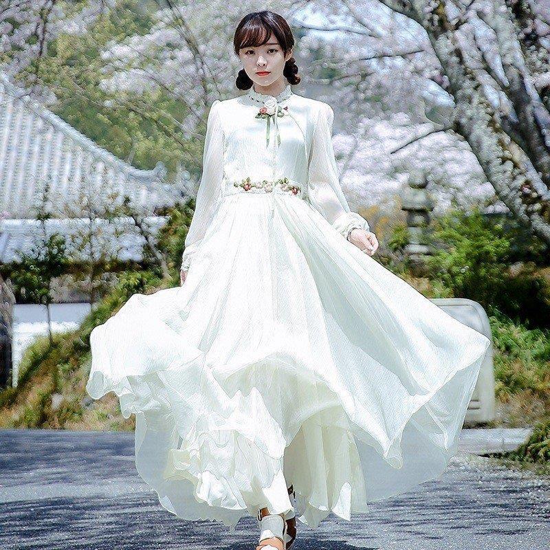 姫系ワンピース フォーマル カシュクール シフォンワンピース レディース マキシワンピース ロング 長袖 無地 春秋ファッション 上品 旅行 リゾート 2018新作