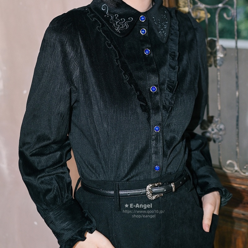 チャイナ風トップス 秋冬 黒色シャツ フリルシャツ 魚刺繍シャツ ブラウス レディース 腰括れ ランタンスリーブ オリジナル 可愛い