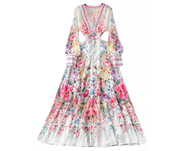 レディース ワンピース ドレス ロング マキシ 長袖 ボリューム袖 Vネック スリム 細身 Aライン フェミニン シフォン ウエストマーク ハイウエスト 異国風 かわいい 大人可愛い きれいめ 上品