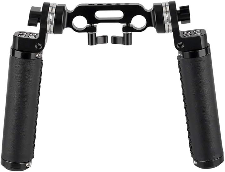 ロゼットハンドルグリップ 2本セットレザー製 ＋ 15mmダブルロッドクランプ ロゼットアダプター付き アルミ製 1/4ネジ穴付き ハンドグリップ 革製 ロゼット付き (ブラック)