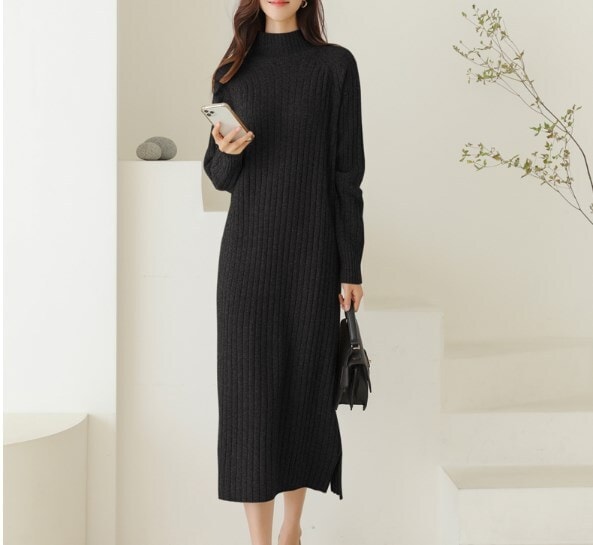 バロックハーフタートルネックニットドレス冬韓国暖かいボトムスカートヘッドセーター女性 ワンピース ミモレ丈 ロング 長袖 萌袖 タートルネック ストレート 大人可愛い きれいめ シンプル カジュアル