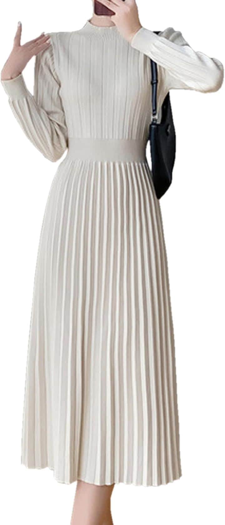ワンピース レディース ニット プリーツ モックネック パフスリーブ ミモレ丈 Aライン 長袖 レディースライク プチハイネック ファッション ウエスト切替 お洒落(アイボリー, M)