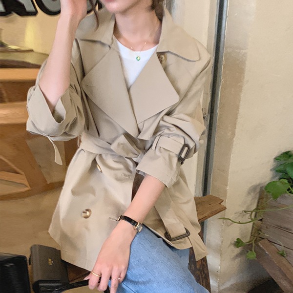 韓国ファッション ビッグカラー ストラップ ハーフ トレンチ コート