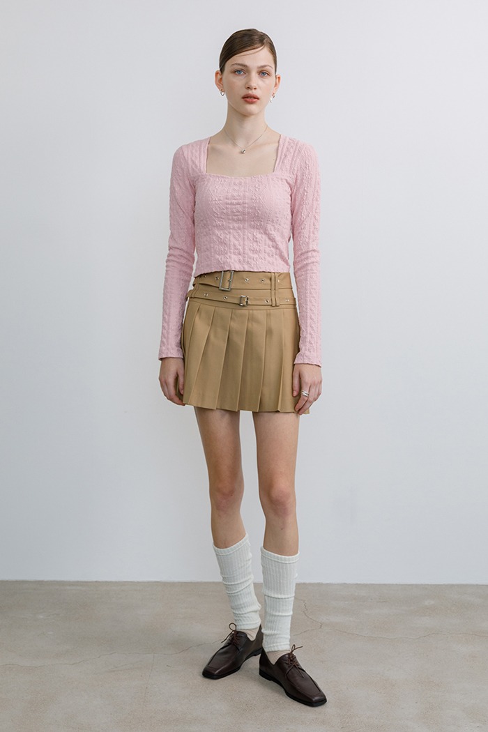 FW 22 Double belted pleats mini skirt (camel)