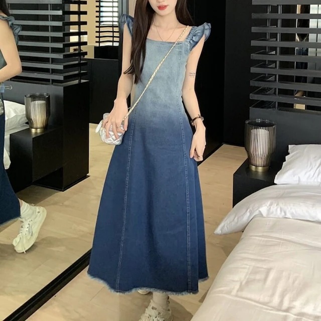 2024春夏ワンピース レディース グラデーション デニム フライングスリーブ Aライン ワンピ おしゃれ 可愛い 個性 お出かけ フェミニン 女の子 夏 韓国安い