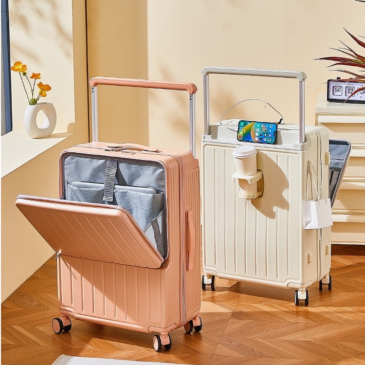 スーツケース 機内持ち込み フロントオープン 旅行 国内旅 海外旅 ビジネス 出張 静音 キャリーケース キャリーバッグ カップホルダー付き USB充電ポート 360度