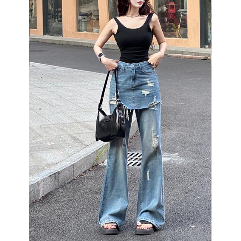 春夏 デニム ロング丈ボトムスハイウエストジーンズ 韓国系ファッション 重ね ハイウエスト 美脚効果 脚長効果