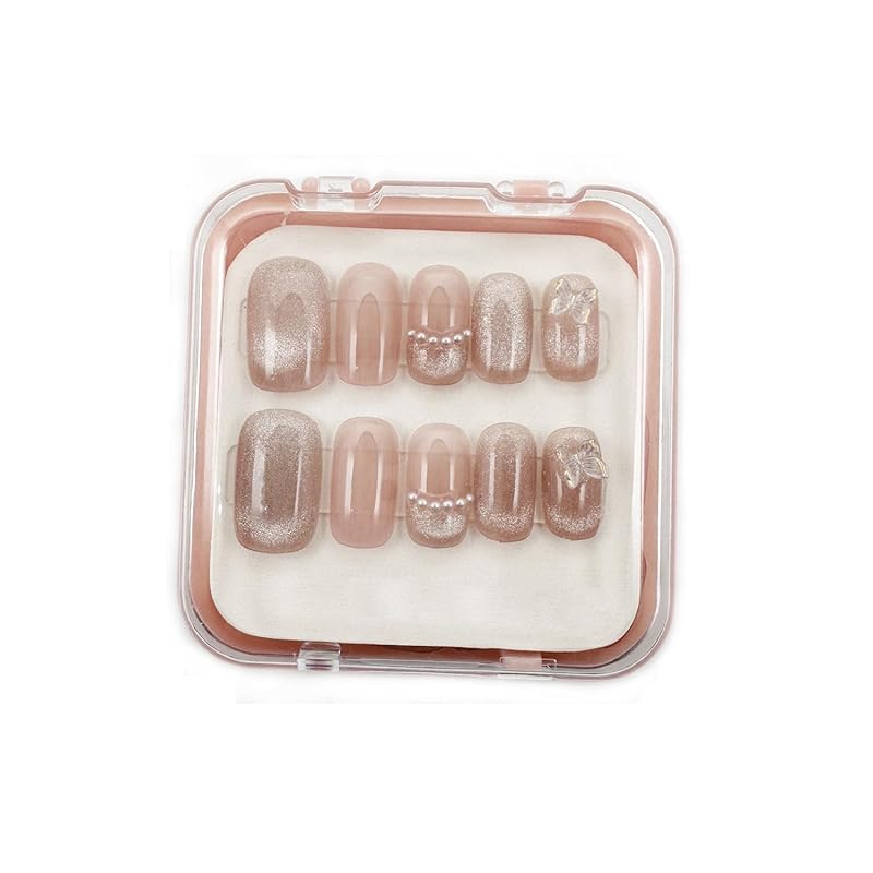 mallnoo 24枚セット キャッツ アイ パール蝶装飾付きミディアムロングネイルチップ