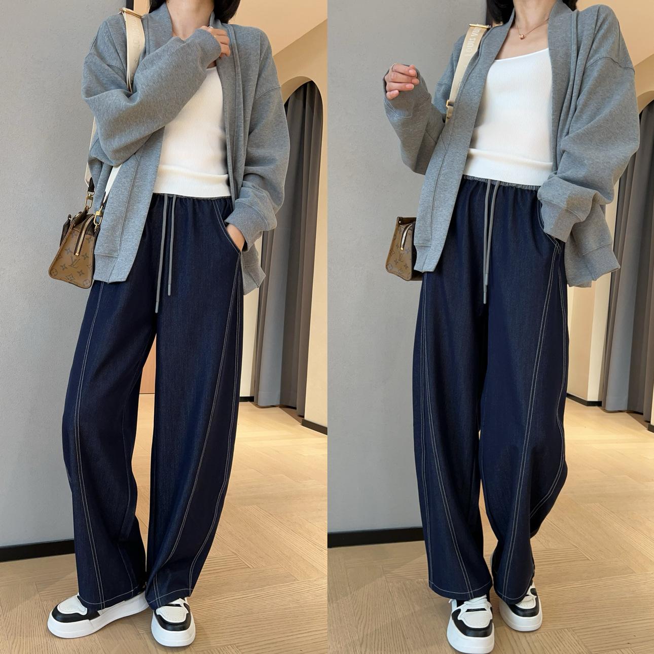 gifts for women keep warm WTEON オールドマネースタイルトップステッチバナナワイドレッグパンツ洋ナシ型ボディ弾性ハイウエストルーズジーンズ秋の女性