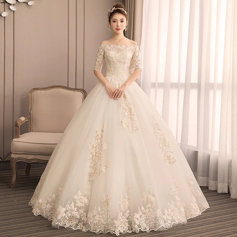 ウェディングドレス白 weddingdress ウェディング オフショルダー パーティードレス ドレス 前撮り 半袖 エンパイア 可愛い 花嫁ロングドレス ブライダル レース 結婚式お呼ば