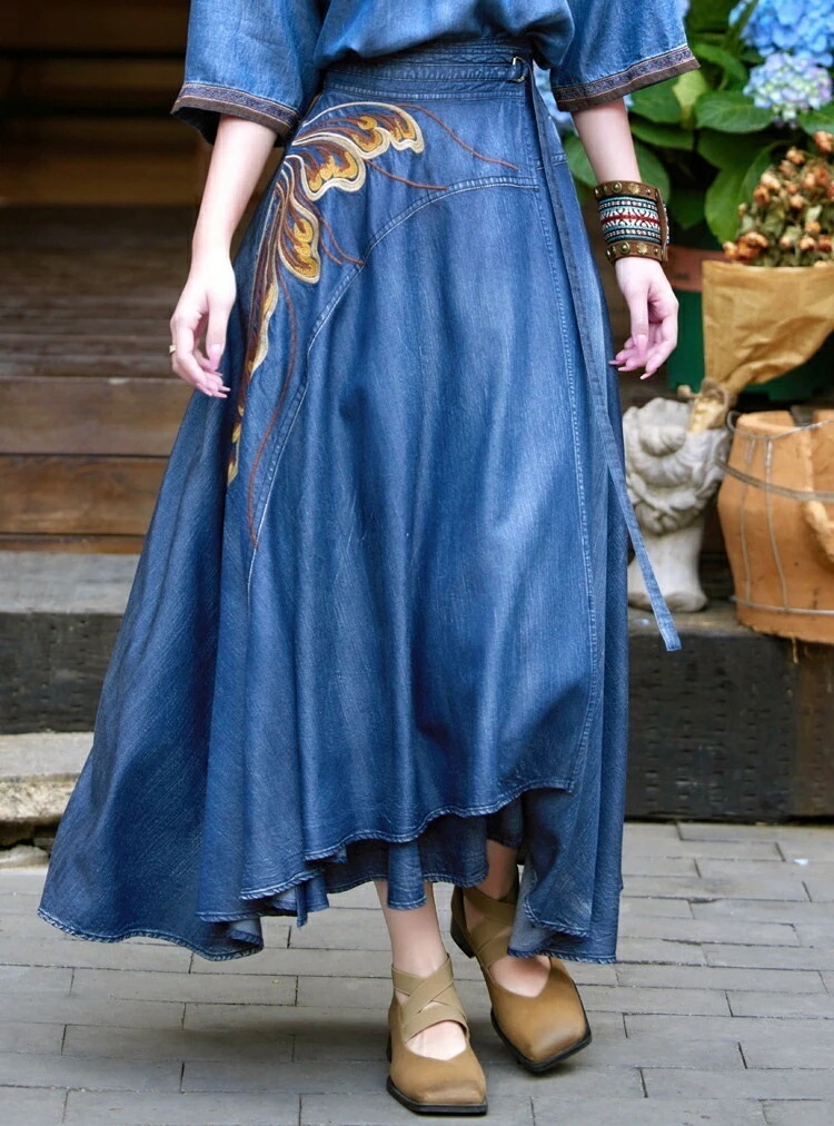 スカートロングスカート刺繍 ブルー 40代 デニムスカート 大人かわいい ラップスカート 30代 レディーススカート レトロ M-XL 50代 フレアスカート ロング丈 ロングスカート 秋新着