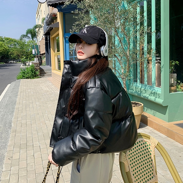 韓国ファッション ハイネック クロップ ウェロン レザー ダウン ジャンパー 6,115円