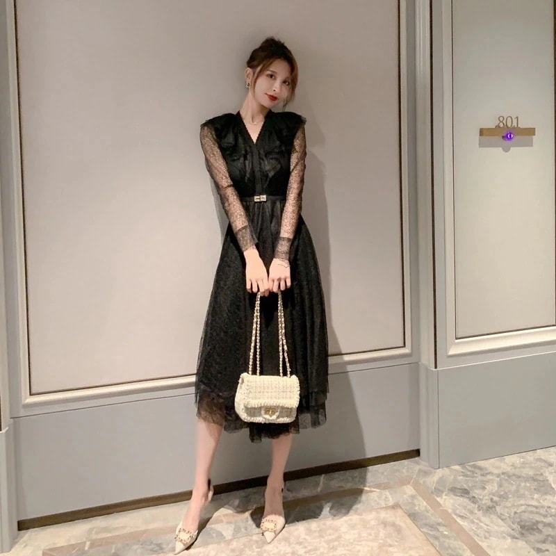 【Fellow 20％割】秋 vネック チュール ワンピ ドレス パーティー 着痩せ 大人 お呼ばれ 同窓会 披露宴 卒業式 結婚式 ウェディング 二次会 成人式30%までに制限