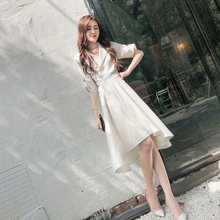 ワンピース レディース 40代 膝丈ワンピース 春夏きれいめ 白ドレス 五分袖ワンピース 不規則 フレアスカート オシャレ 結婚式ドレス お出かけ 大人 30代 50代