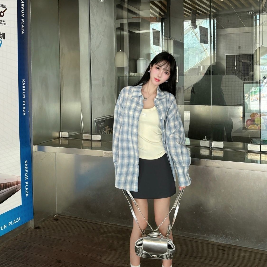 アメリカン 甘くてかっこいい風 灰青 差し色 チェック シャツ レディース 長袖 可愛い カジュアル 重ね着 塩系 アウター1276