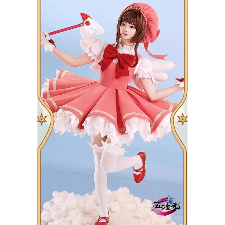 カードキャプターさくら　コスプレ　木之本桜　紅白戦闘服　衣装　ウィッグ　靴　追加可