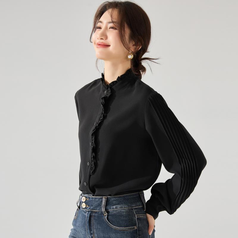 トップス レディース ファッション 最適 スタンドカラー 職場用 ドレープ フレンチ エレガント 長袖 シフォンシャツ