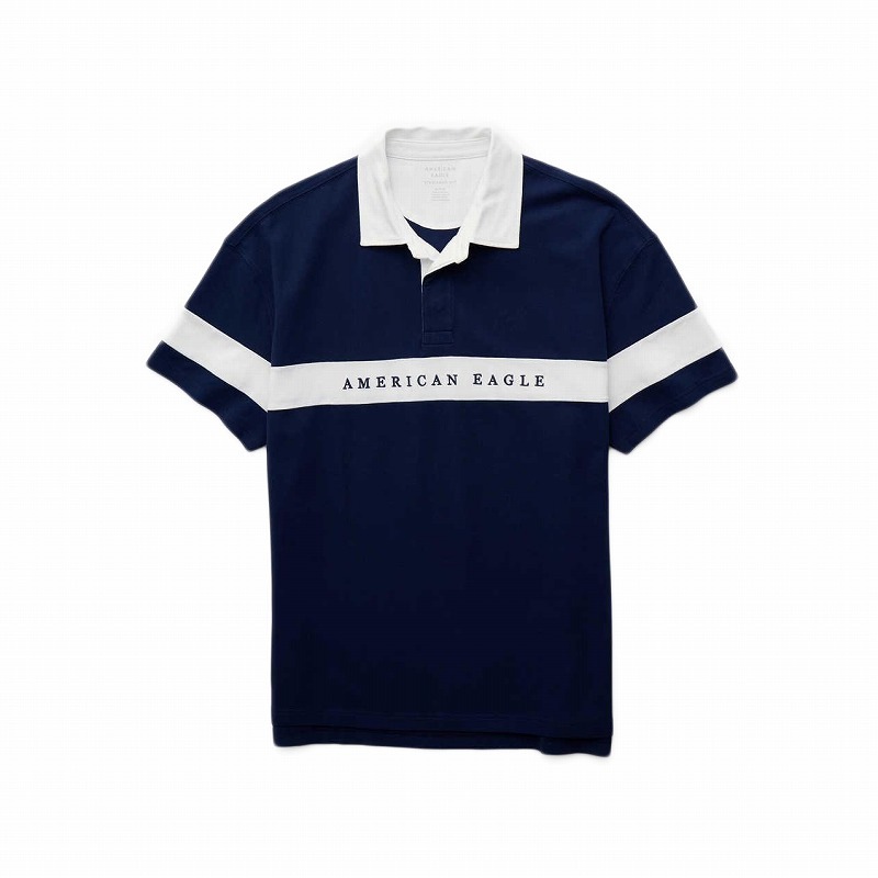 メンズ スタンダードフィット 半袖 ラグビー ポロシャツ ネイビー