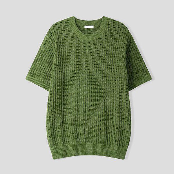メンズコルクスカシラウンド半袖ニットTシャツ AS-KNH-Q015-グリーン