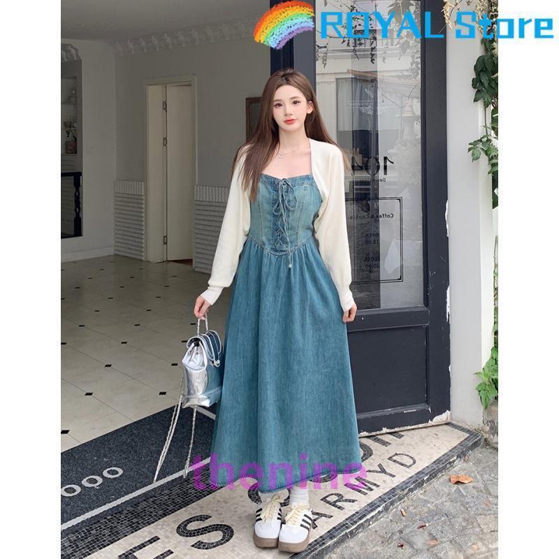 早めに購入して早めに楽しむ 大きいサイズ初秋新作レトロウエストデニムサスペンダースカート+気質セーター2点セット 7,045円