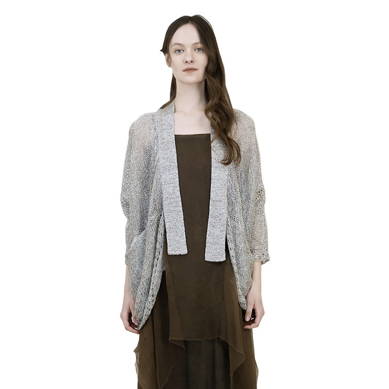 【READ_ME】縁空花辺ニットカーディガン柔らかレーヨン混グレー系軽やか・上品・春秋向けB90214245