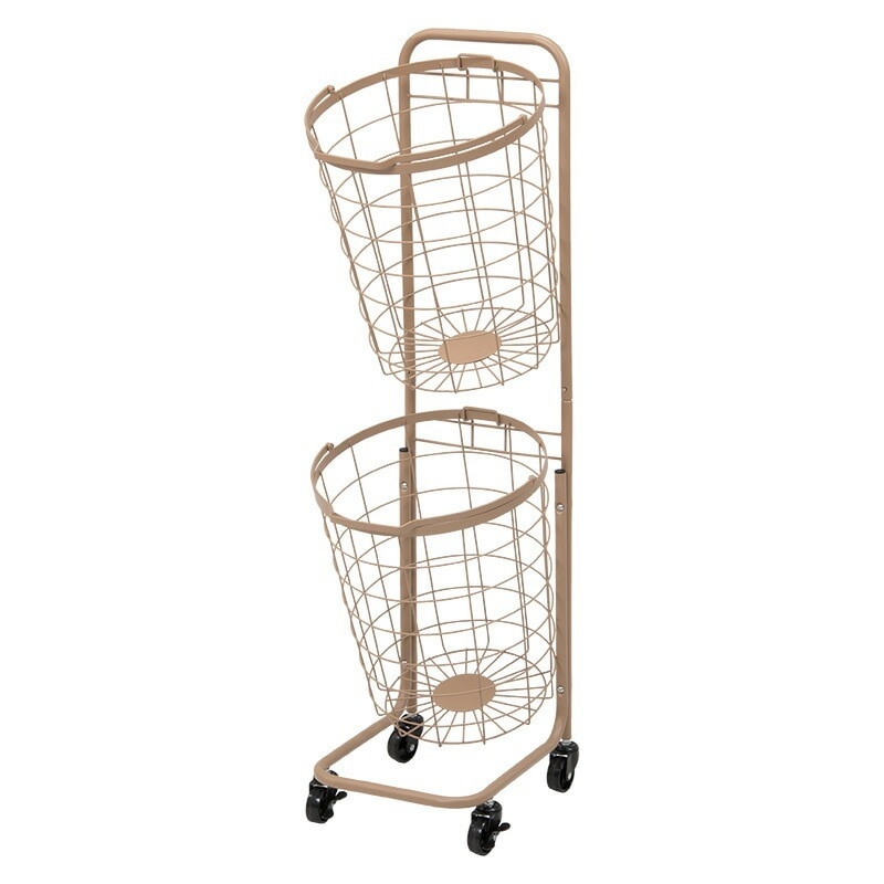 ２段ランドリーラック（丸型/キャラメルブラウン）　KR-3972LT持ち運べるバスケットが便利縦型収納で省スペースに洗濯物を分別できます