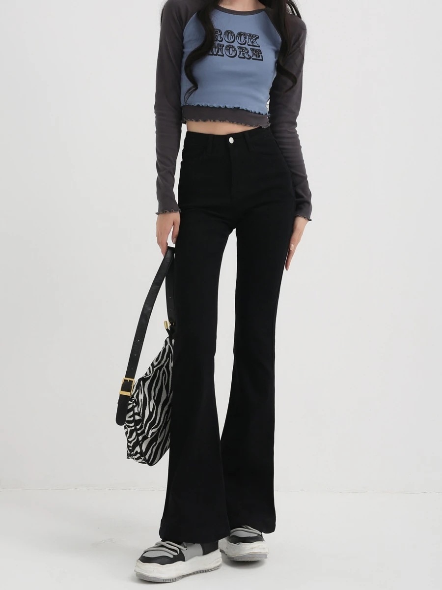 ブラックマイクロフレアジーンズ女性年春新作ハイウエストパlンツ万能高く薄い小さな人々