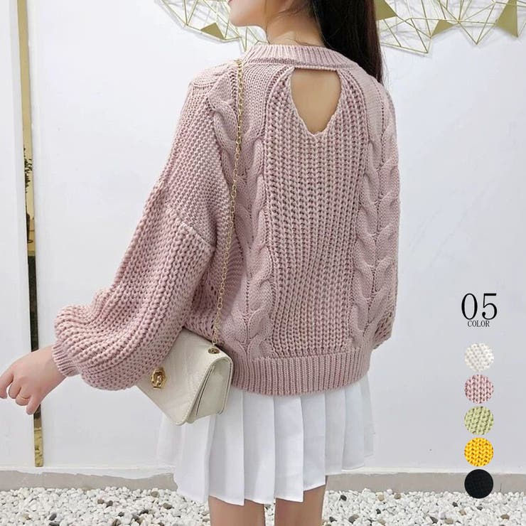 マラソン限定 ニット レディース 長袖 ケーブル編み クルーネック 背中あき ポリエステル