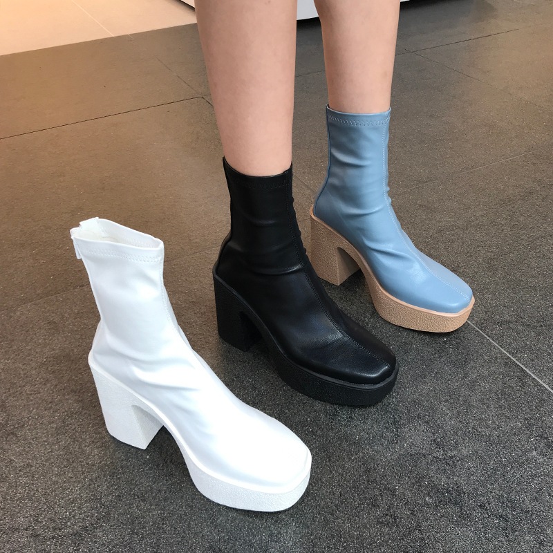 厚底ブーツ ミドル丈ブーツ ショートブーツ バックジッパー ハイヒール スクエアヘッド ラバーヒール ３カラー a2700